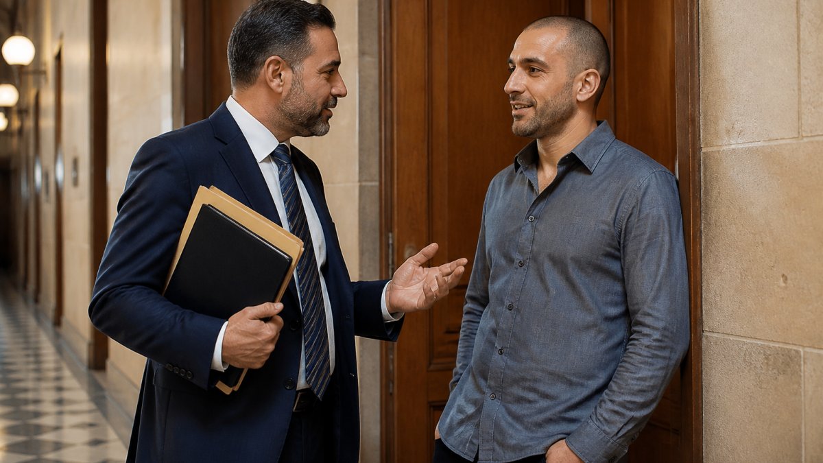 A defence lawyer in a dark suit speaking quietly with a client outside a courtroom door, folders under one arm, the client looking relieved and attentive
